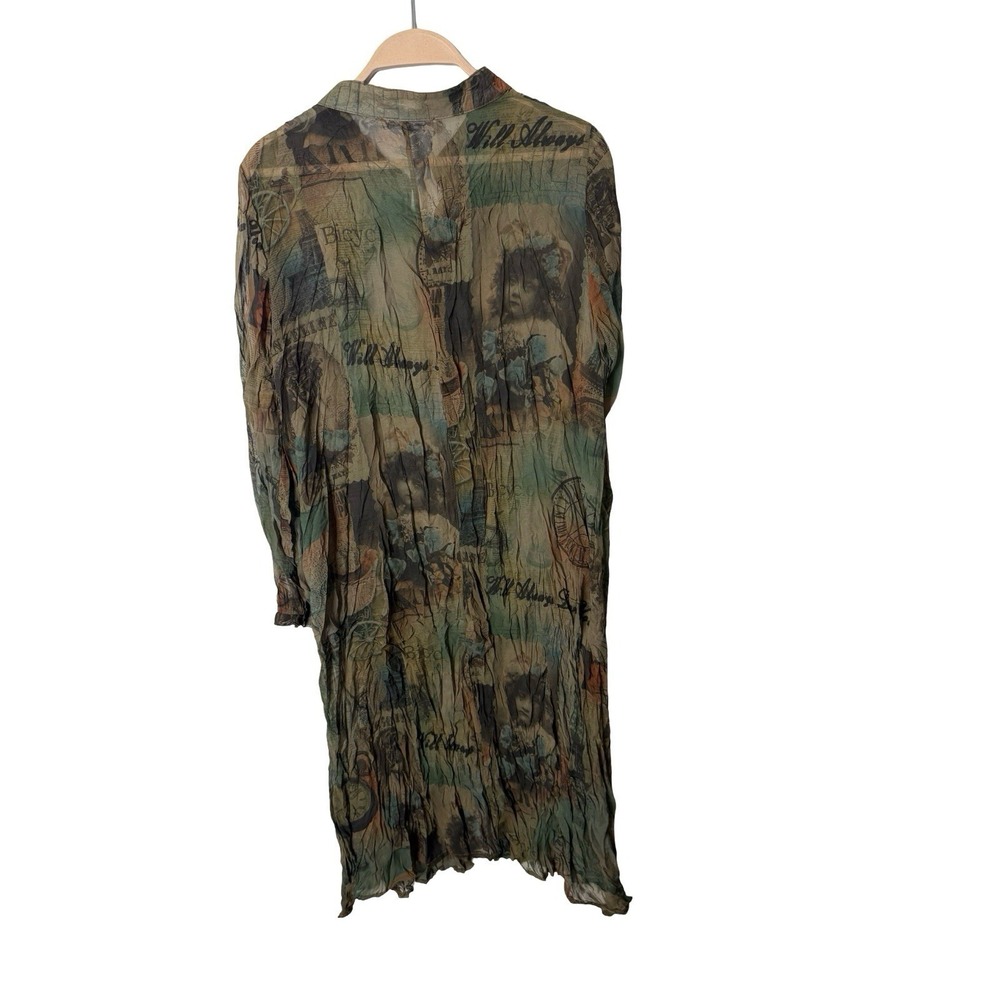 Pretty‎ Angel Silk Blend tunic newspaper/silhouette print sheer button blouse M - Picture 3 of 4